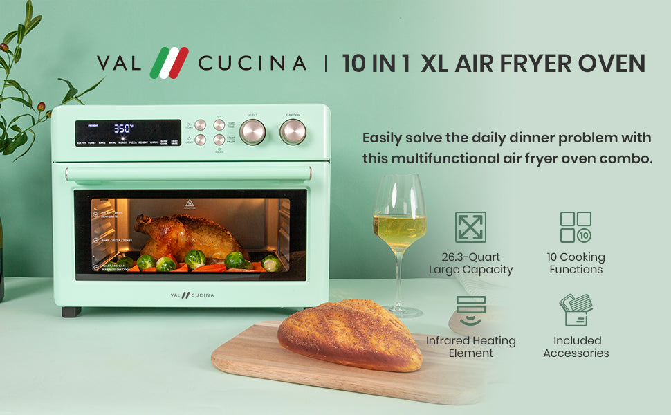 Val Cucina Roma 10-in-1 Retro Green Air Fryer Toaster Oven