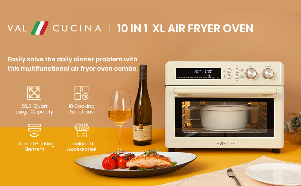Val Cucina Roma 10-in-1 Retro Cream Air Fryer Toaster Oven