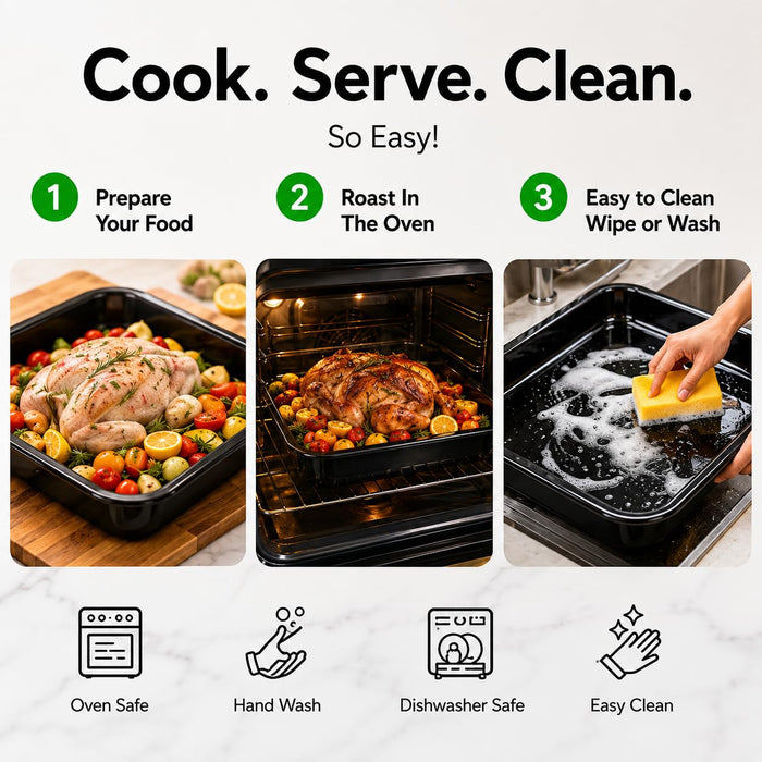VAL CUCINA Enamel Roasting Pan, 13.4" x 13.4" Square Baking Pan for Oven, 1.6" Deep Heavy Duty Baking Sheet, Black Oven Tray & Cookie Sheet for Roasting Meat, Vegetables and Baking