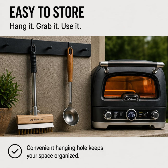 VAL CUCINA Pizza Oven Brush with Scraper, Duty Pizza Stone Brush and Cleaning Tool, Long Stainless Steel Handle Pizza Stone Scraper, Wire Bristle Pizza Brush for Pizza Oven Cleaning