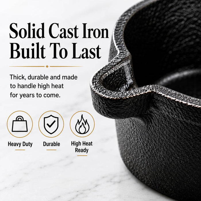 VAL CUCINA Small Cast Iron Sauce Pot with Handle - Heavy Duty Cast Iron Saucepan with Pour Spout - Mini Cast Iron Pot for Melting Butter, Warming & Simmering on Grill, Oven or Stove Top