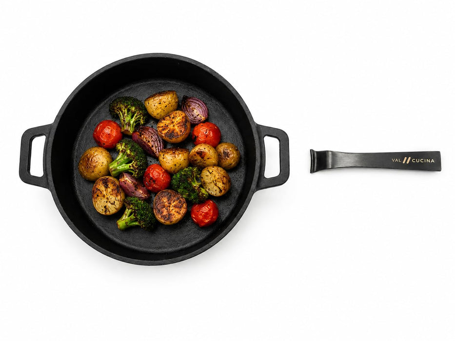 VAL CUCINA 11 Inch Round Coated Cast Iron Sizzler Pan with Removable Handle