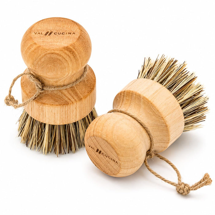 VAL CUCINA Natural Bamboo Dish Brush 2 PCS - Eco-Friendly Wooden Scrub Brush for Dishes, Pots, Pans and Cast Iron Skillet - Plant-Based Sisal & Coconut Bristles Kitchen Sink Scrubber