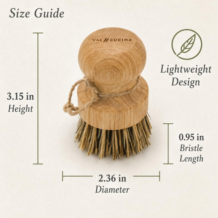 VAL CUCINA Natural Bamboo Dish Brush 2 PCS - Eco-Friendly Wooden Scrub Brush for Dishes, Pots, Pans and Cast Iron Skillet - Plant-Based Sisal & Coconut Bristles Kitchen Sink Scrubber