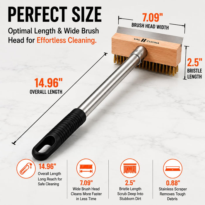 VAL CUCINA Pizza Oven Brush with Scraper, Duty Pizza Stone Brush and Cleaning Tool, Long Stainless Steel Handle Pizza Stone Scraper, Wire Bristle Pizza Brush for Pizza Oven Cleaning