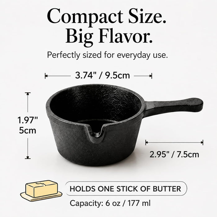 VAL CUCINA Small Cast Iron Sauce Pot with Handle - Heavy Duty Cast Iron Saucepan with Pour Spout - Mini Cast Iron Pot for Melting Butter, Warming & Simmering on Grill, Oven or Stove Top