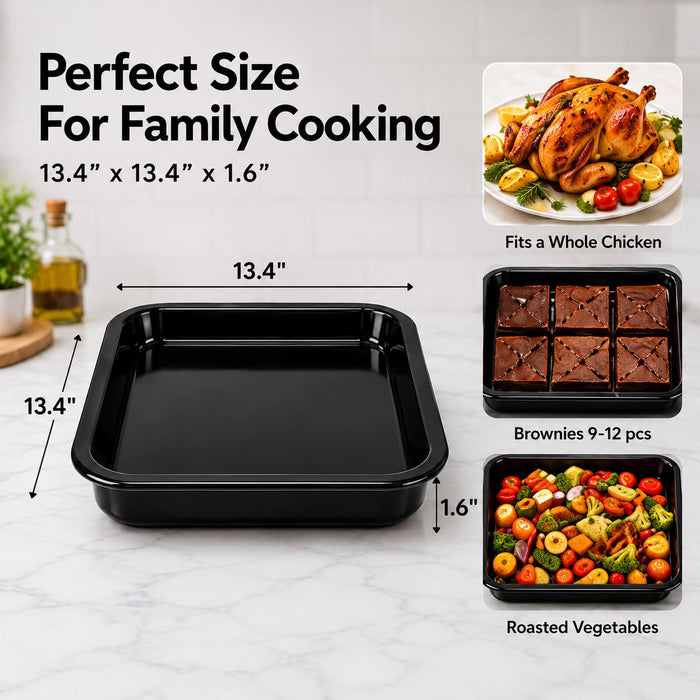 VAL CUCINA Enamel Roasting Pan, 13.4" x 13.4" Square Baking Pan for Oven, 1.6" Deep Heavy Duty Baking Sheet, Black Oven Tray & Cookie Sheet for Roasting Meat, Vegetables and Baking