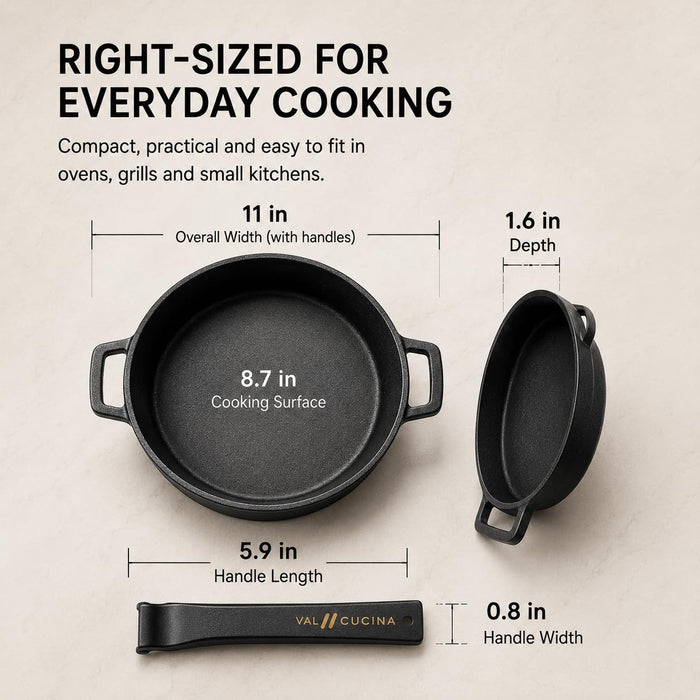 VAL CUCINA 11 Inch Round Coated Cast Iron Sizzler Pan with Removable Handle