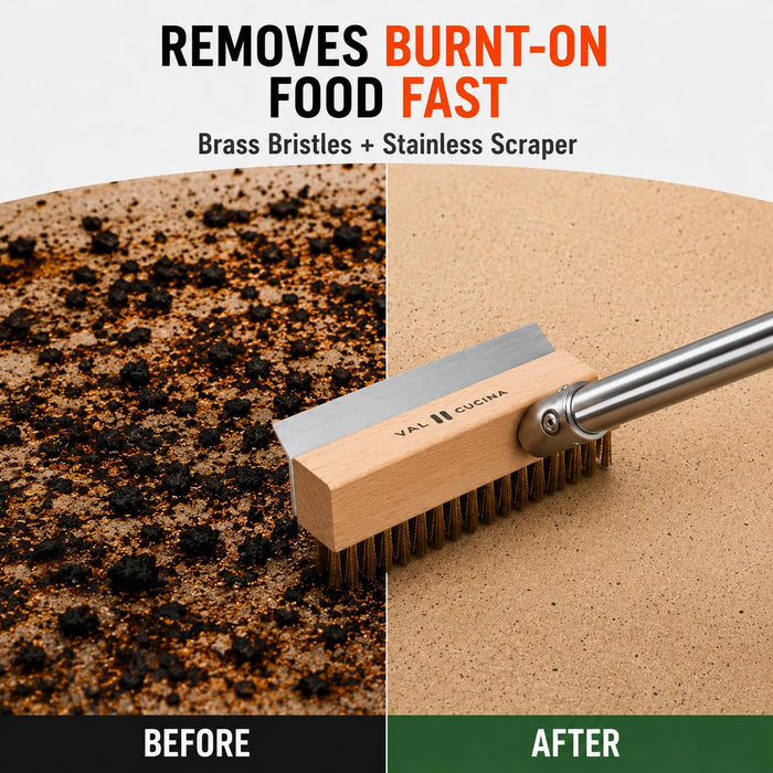 VAL CUCINA Pizza Oven Brush with Scraper, Duty Pizza Stone Brush and Cleaning Tool, Long Stainless Steel Handle Pizza Stone Scraper, Wire Bristle Pizza Brush for Pizza Oven Cleaning