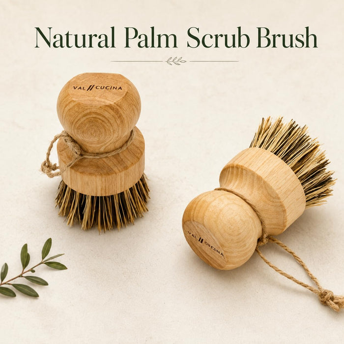 VAL CUCINA Natural Bamboo Dish Brush 2 PCS - Eco-Friendly Wooden Scrub Brush for Dishes, Pots, Pans and Cast Iron Skillet - Plant-Based Sisal & Coconut Bristles Kitchen Sink Scrubber