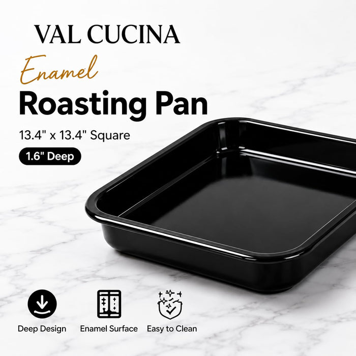 VAL CUCINA Enamel Roasting Pan, 13.4" x 13.4" Square Baking Pan for Oven, 1.6" Deep Heavy Duty Baking Sheet, Black Oven Tray & Cookie Sheet for Roasting Meat, Vegetables and Baking