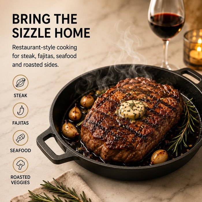 VAL CUCINA 11 Inch Round Coated Cast Iron Sizzler Pan with Removable Handle