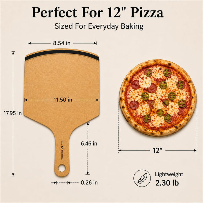 VAL CUCINA Wood Pizza Peel, Wood Fiber Pizza Paddle & Serving Board, Dishwasher Compatible & Heat Resistant Wooden Peel for Baking Homemade Pizza, Bread and Cheese, Knife Friendly Cutting Board