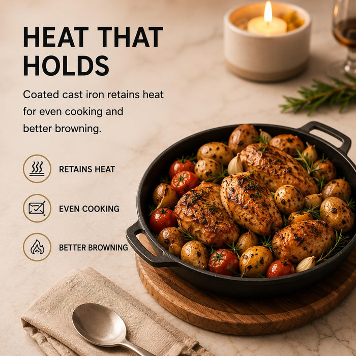 VAL CUCINA 11 Inch Round Coated Cast Iron Sizzler Pan with Removable Handle