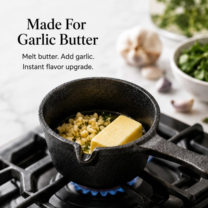 VAL CUCINA Small Cast Iron Sauce Pot with Handle - Heavy Duty Cast Iron Saucepan with Pour Spout - Mini Cast Iron Pot for Melting Butter, Warming & Simmering on Grill, Oven or Stove Top