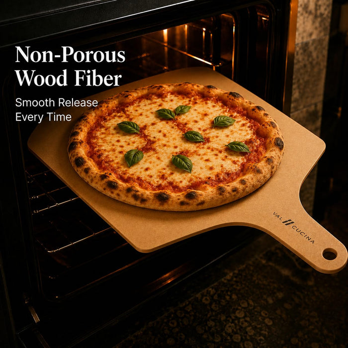 VAL CUCINA Wood Pizza Peel, Wood Fiber Pizza Paddle & Serving Board, Dishwasher Compatible & Heat Resistant Wooden Peel for Baking Homemade Pizza, Bread and Cheese, Knife Friendly Cutting Board