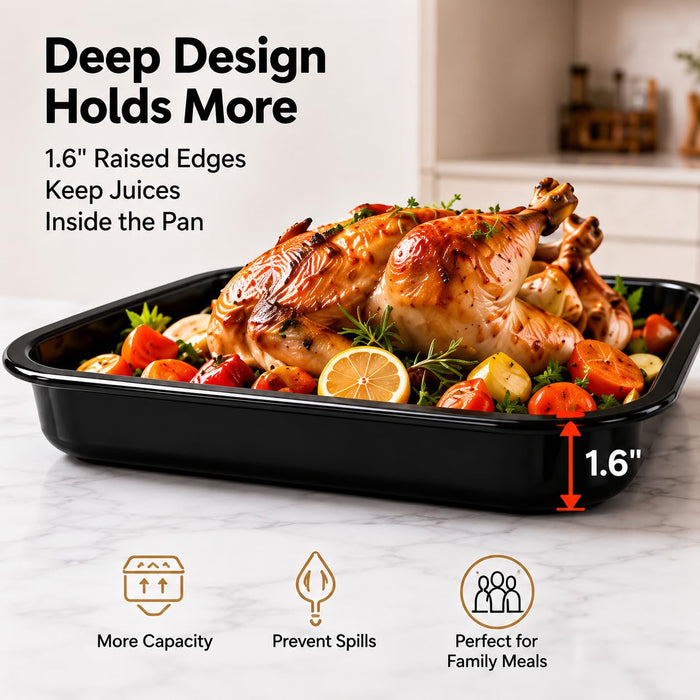 VAL CUCINA Enamel Roasting Pan, 13.4" x 13.4" Square Baking Pan for Oven, 1.6" Deep Heavy Duty Baking Sheet, Black Oven Tray & Cookie Sheet for Roasting Meat, Vegetables and Baking