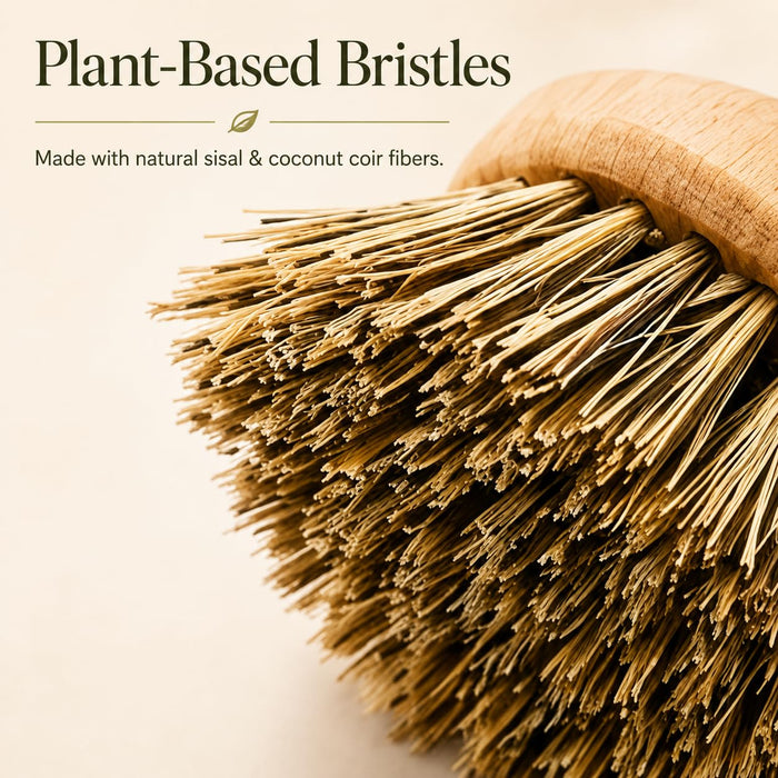 VAL CUCINA Natural Bamboo Dish Brush 2 PCS - Eco-Friendly Wooden Scrub Brush for Dishes, Pots, Pans and Cast Iron Skillet - Plant-Based Sisal & Coconut Bristles Kitchen Sink Scrubber