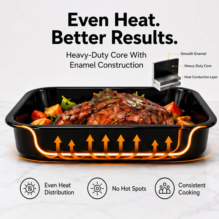 VAL CUCINA Enamel Roasting Pan, 13.4" x 13.4" Square Baking Pan for Oven, 1.6" Deep Heavy Duty Baking Sheet, Black Oven Tray & Cookie Sheet for Roasting Meat, Vegetables and Baking