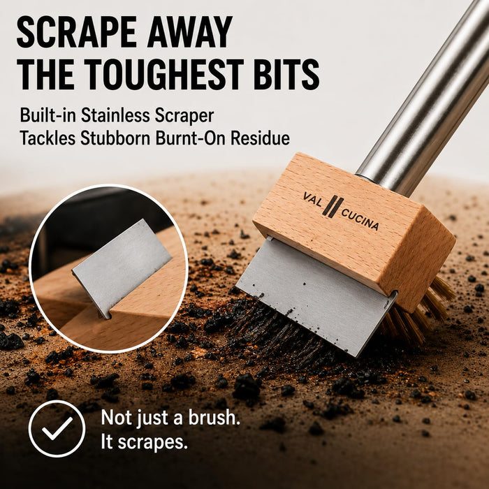 VAL CUCINA Pizza Oven Brush with Scraper, Duty Pizza Stone Brush and Cleaning Tool, Long Stainless Steel Handle Pizza Stone Scraper, Wire Bristle Pizza Brush for Pizza Oven Cleaning