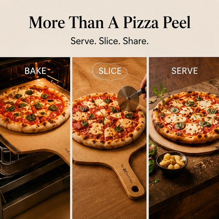 VAL CUCINA Wood Pizza Peel, Wood Fiber Pizza Paddle & Serving Board, Dishwasher Compatible & Heat Resistant Wooden Peel for Baking Homemade Pizza, Bread and Cheese, Knife Friendly Cutting Board