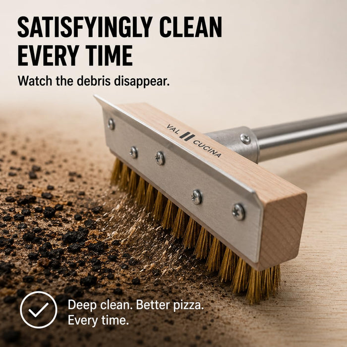 VAL CUCINA Pizza Oven Brush with Scraper, Duty Pizza Stone Brush and Cleaning Tool, Long Stainless Steel Handle Pizza Stone Scraper, Wire Bristle Pizza Brush for Pizza Oven Cleaning