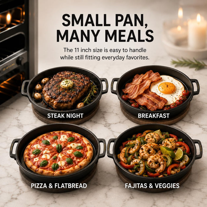 VAL CUCINA 11 Inch Round Coated Cast Iron Sizzler Pan with Removable Handle