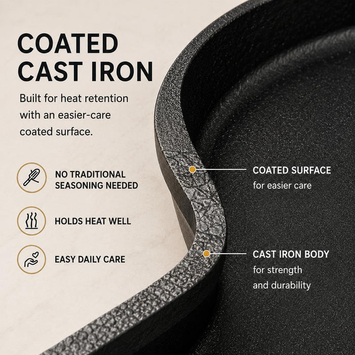 VAL CUCINA 11 Inch Round Coated Cast Iron Sizzler Pan with Removable Handle
