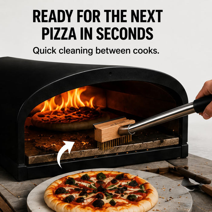 VAL CUCINA Pizza Oven Brush with Scraper, Duty Pizza Stone Brush and Cleaning Tool, Long Stainless Steel Handle Pizza Stone Scraper, Wire Bristle Pizza Brush for Pizza Oven Cleaning