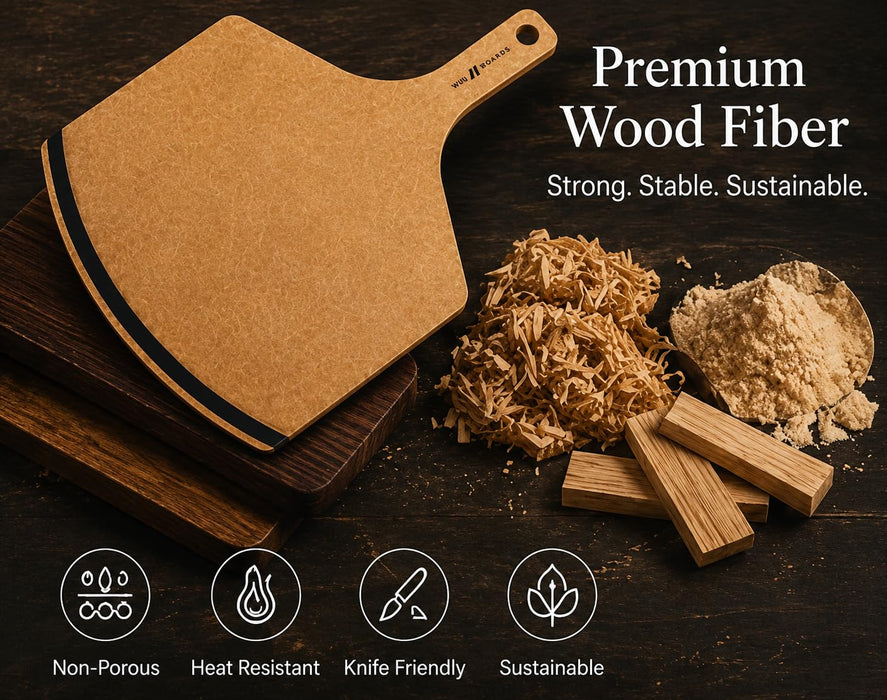 VAL CUCINA Wood Pizza Peel, Wood Fiber Pizza Paddle & Serving Board, Dishwasher Compatible & Heat Resistant Wooden Peel for Baking Homemade Pizza, Bread and Cheese, Knife Friendly Cutting Board