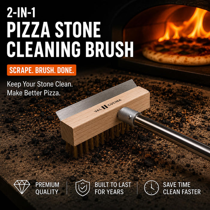 VAL CUCINA Pizza Oven Brush with Scraper, Duty Pizza Stone Brush and Cleaning Tool, Long Stainless Steel Handle Pizza Stone Scraper, Wire Bristle Pizza Brush for Pizza Oven Cleaning