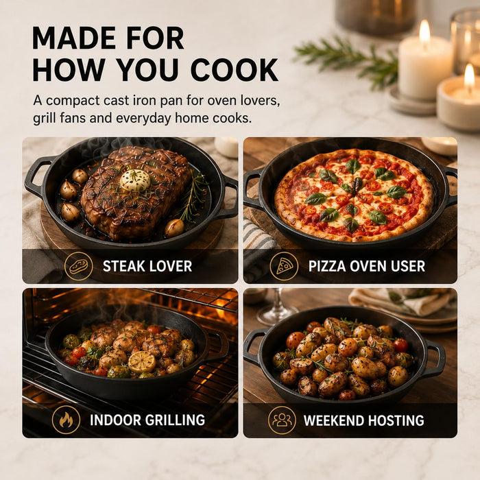 VAL CUCINA 11 Inch Round Coated Cast Iron Sizzler Pan with Removable Handle