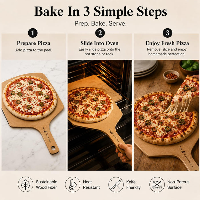 VAL CUCINA Wood Pizza Peel, Wood Fiber Pizza Paddle & Serving Board, Dishwasher Compatible & Heat Resistant Wooden Peel for Baking Homemade Pizza, Bread and Cheese, Knife Friendly Cutting Board