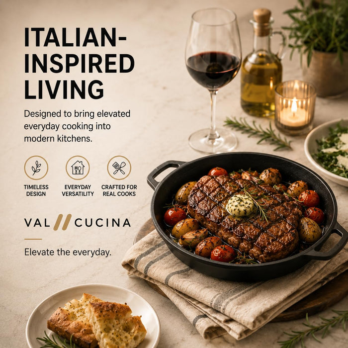 VAL CUCINA 11 Inch Round Coated Cast Iron Sizzler Pan with Removable Handle