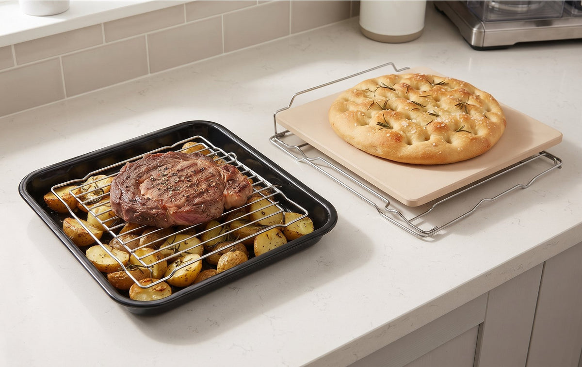 Val Cucina Pizza Oven accessories: pizza stone, stone rack, enameled roasting pan and roasting rack