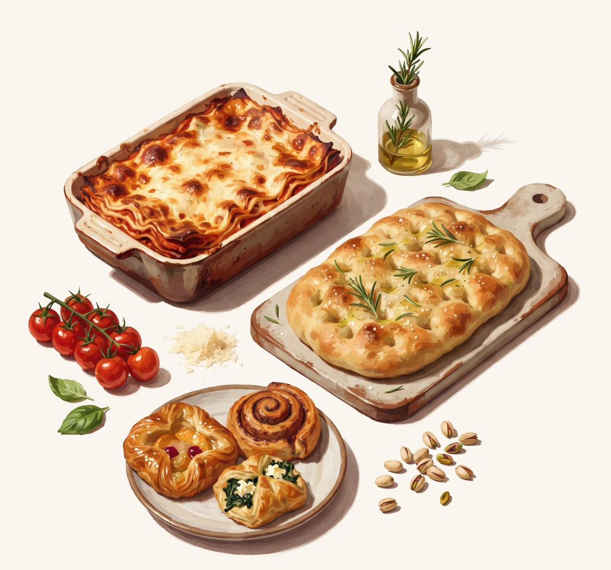Lasagna, focaccia and pastries made with the Bake mode
