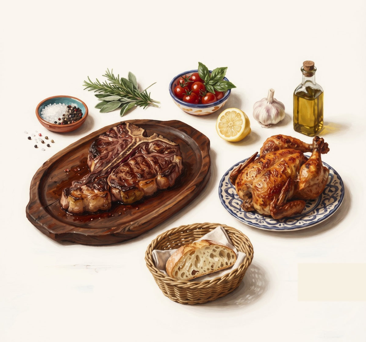 Seared steak and roast chicken made with the Broil mode