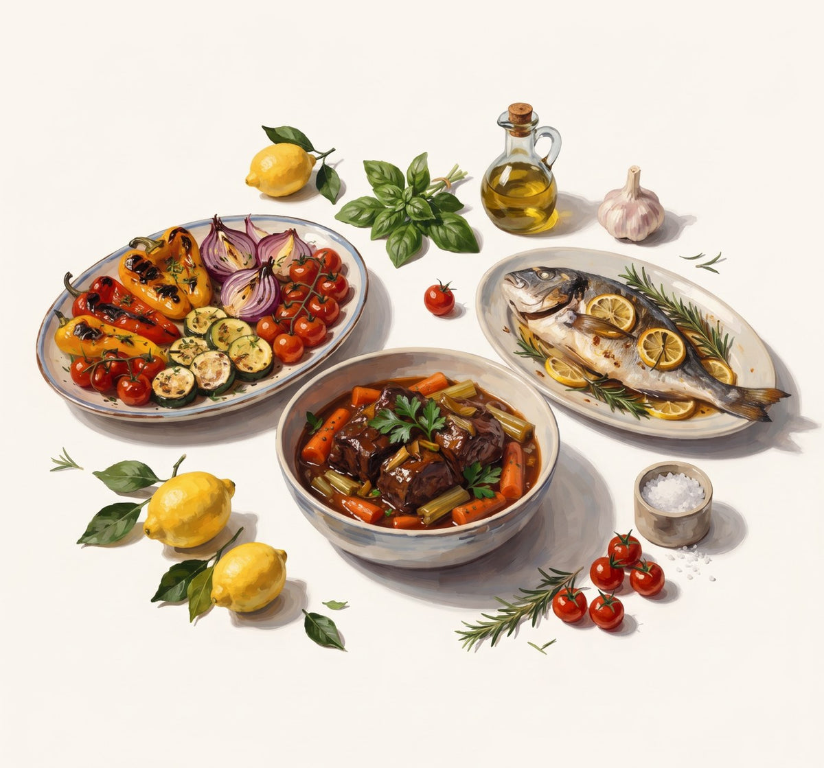 Roasted vegetables and fish made with the Roast mode