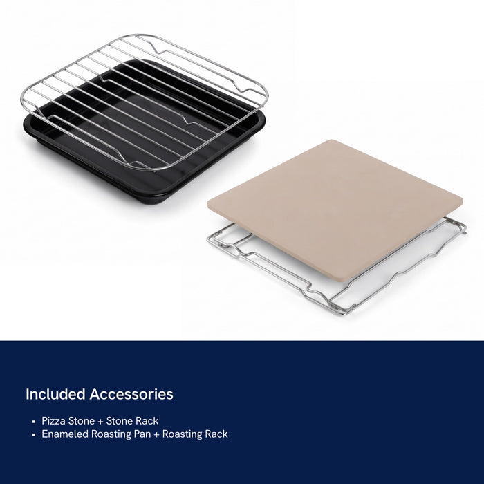 Included accessories: pizza stone, stone rack, enameled roasting pan and roasting rack