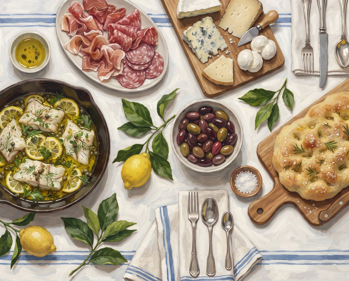 Italian spread of charcuterie, cheese, olives and focaccia