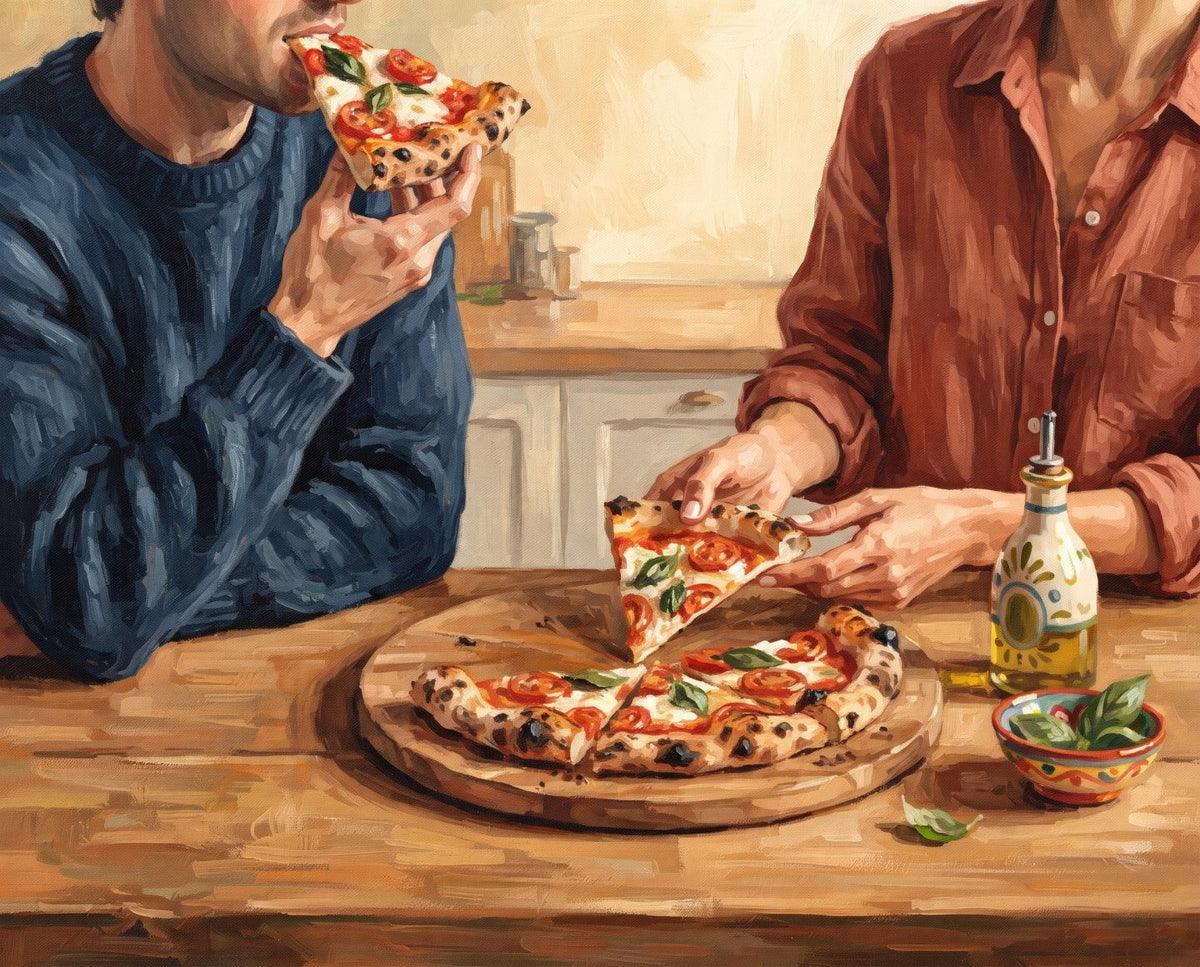 Friends sharing a homemade pizza at a wooden table